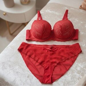 🆕 Adore Me - Vibrant Red Geometric Lace Bra & Panty Set